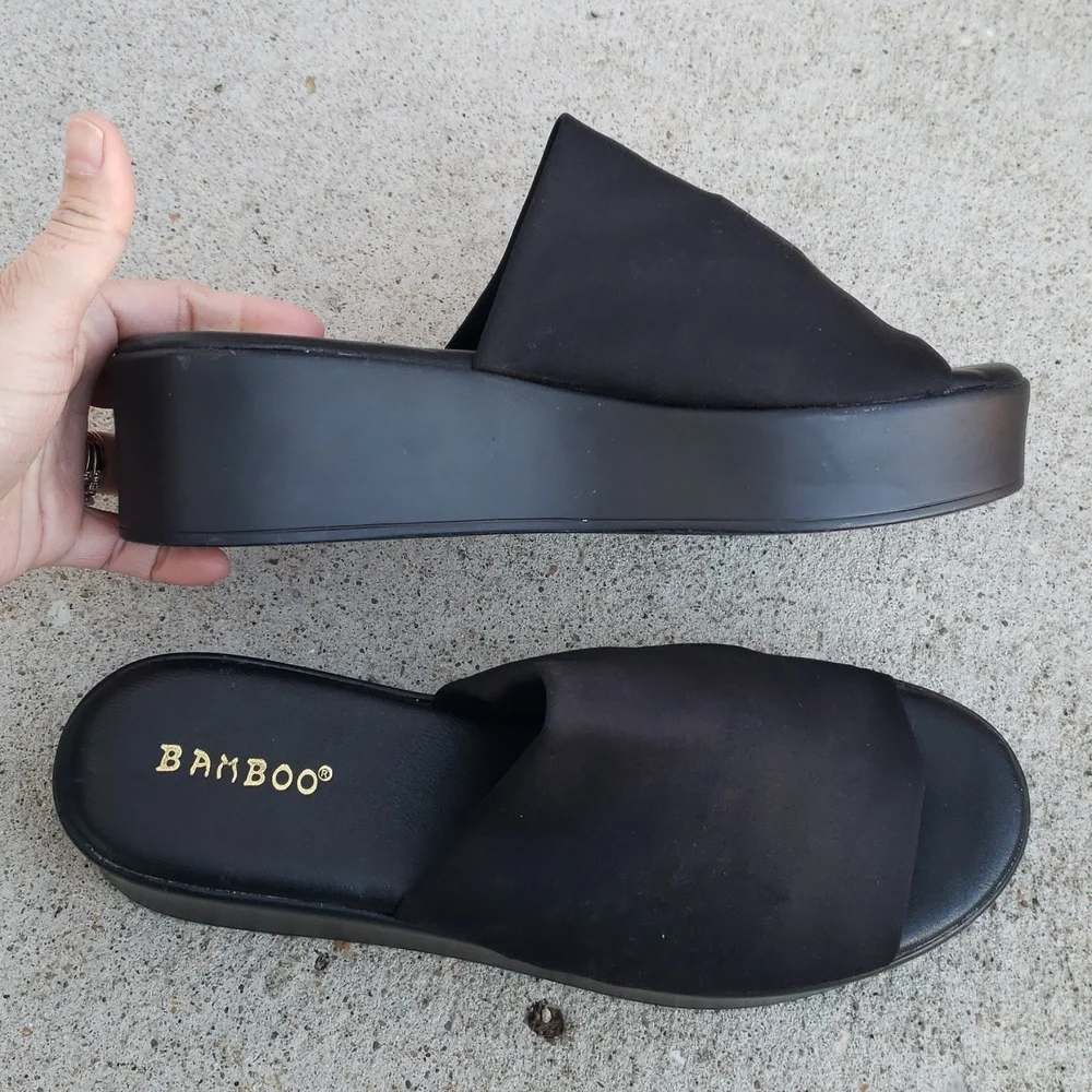 Bamboo Black Knit Stretch Platform Chunky Slip On Sandals Size 8.5 Y2K Grunge